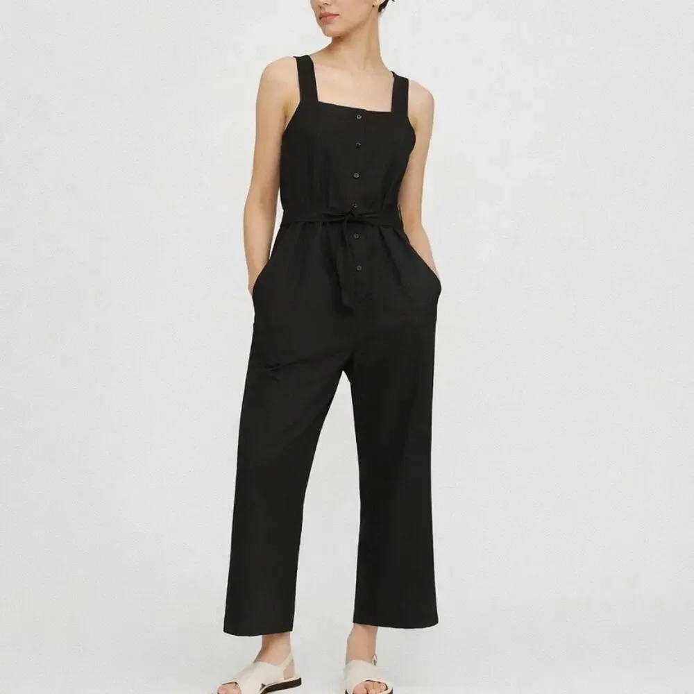Everlane The Linen Picnic Straight Leg Square Neck Jumpsuit Washed Black 0
